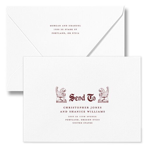 Gothic Medieval Arch Wedding Invitation Euro Envelopes White Burgundy Both Recipient and Return Addresses Luxe Signature
