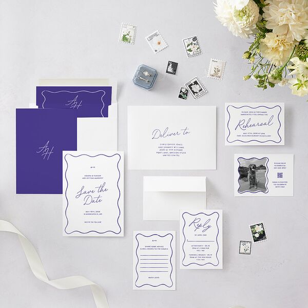 Hand Drawn Wavy Border Save the Date Cards Sapphire Signature smooth Blank No Standard