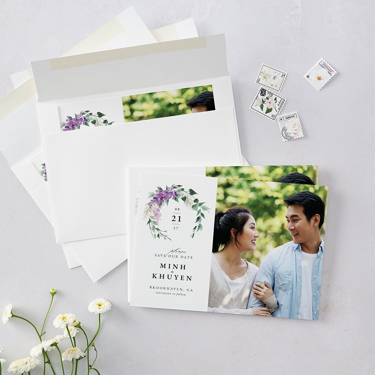Romantic Wisteria Save The Date Cards Purple Petal Signature smooth Blank No Standard