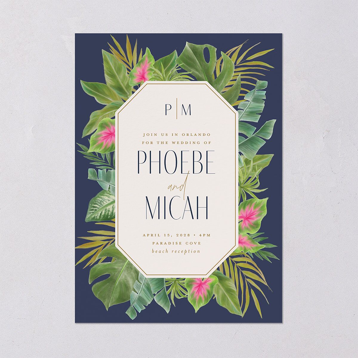 Hawaiian Tropical Monstera Frame Wedding Invitations Moody Blue Signature Blank No Standard