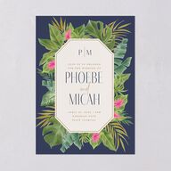 Hawaiian Tropical Monstera Frame Wedding Invitations Moody Blue Signature Blank No Standard