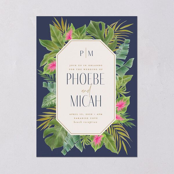 Hawaiian Tropical Monstera Frame Wedding Invitations Moody Blue Signature Blank No Standard