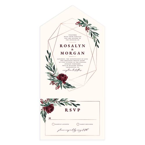 Gilded Botanical All-in-One Wedding Invitations Burgundy Signature Light Both Recipient and Return Addresses No