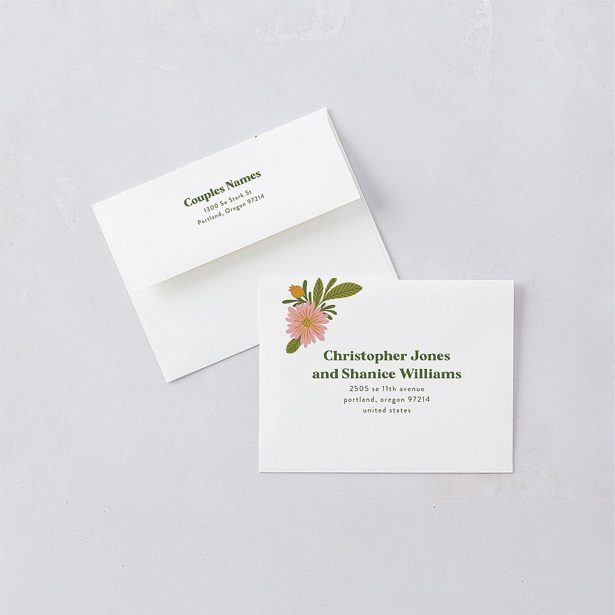 Retro Bloom Save the Date Petite Card Envelopes White Standard Peach Pink Both Recipient and Return Addresses Signature