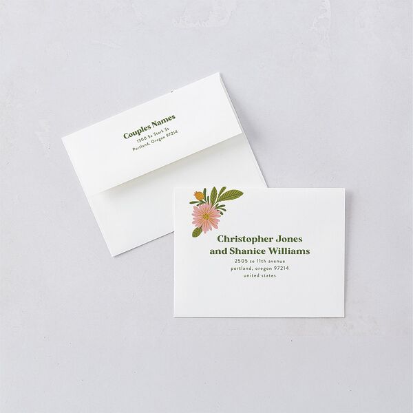 Retro Bloom Save the Date Petite Card Envelopes White Standard Peach Pink Both Recipient and Return Addresses Signature