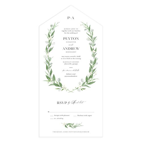 Greenery Laurel All-in-One Wedding Invitations Pure White Signature Light Both Recipient and Return Addresses No