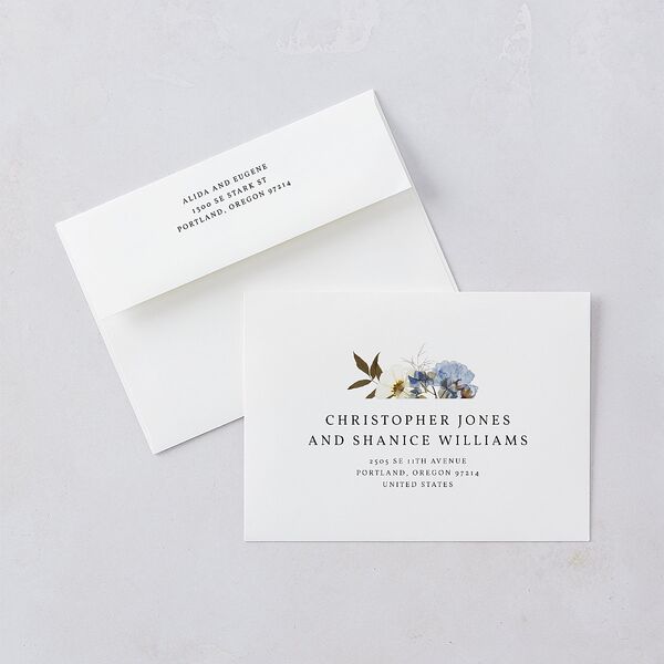 Pressed Flowers Rehearsal Dinner Invitation Envelopes White Regency Blue Both Recipient and Return Addresses Signature Standard