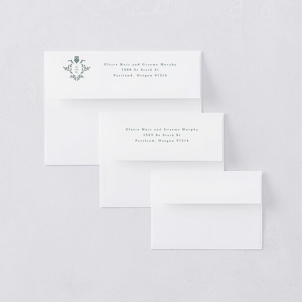 Tartan Crest Rehearsal Dinner Invitation Envelopes White Moody Blue Both Recipient and Return Addresses Signature Standard