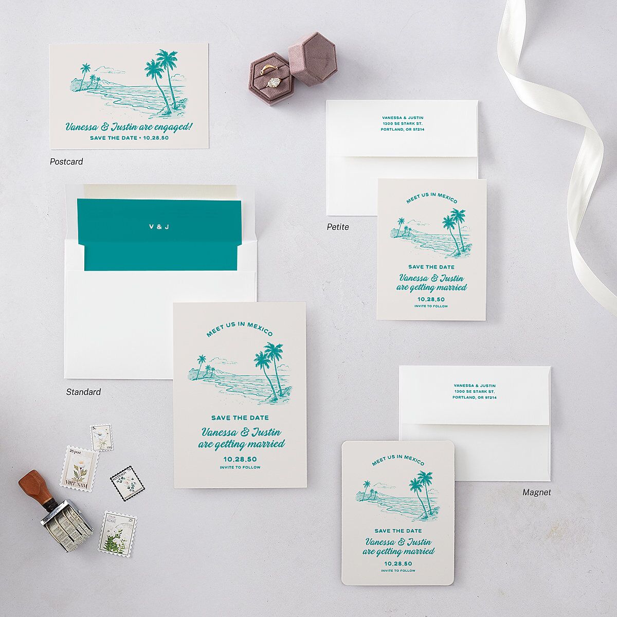Illustrated Retro Coastal Beach Save the Date Postcards Turquoise