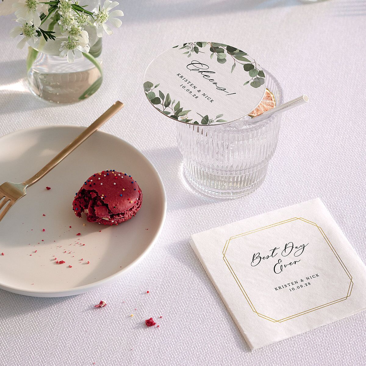 Eucalyptus Frame Wedding Day Coaster Pure White Cardboard Circle