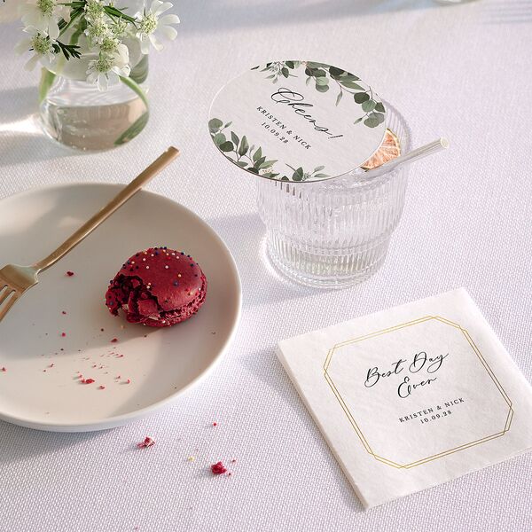 Eucalyptus Frame Wedding Day Coaster Pure White Cardboard Circle