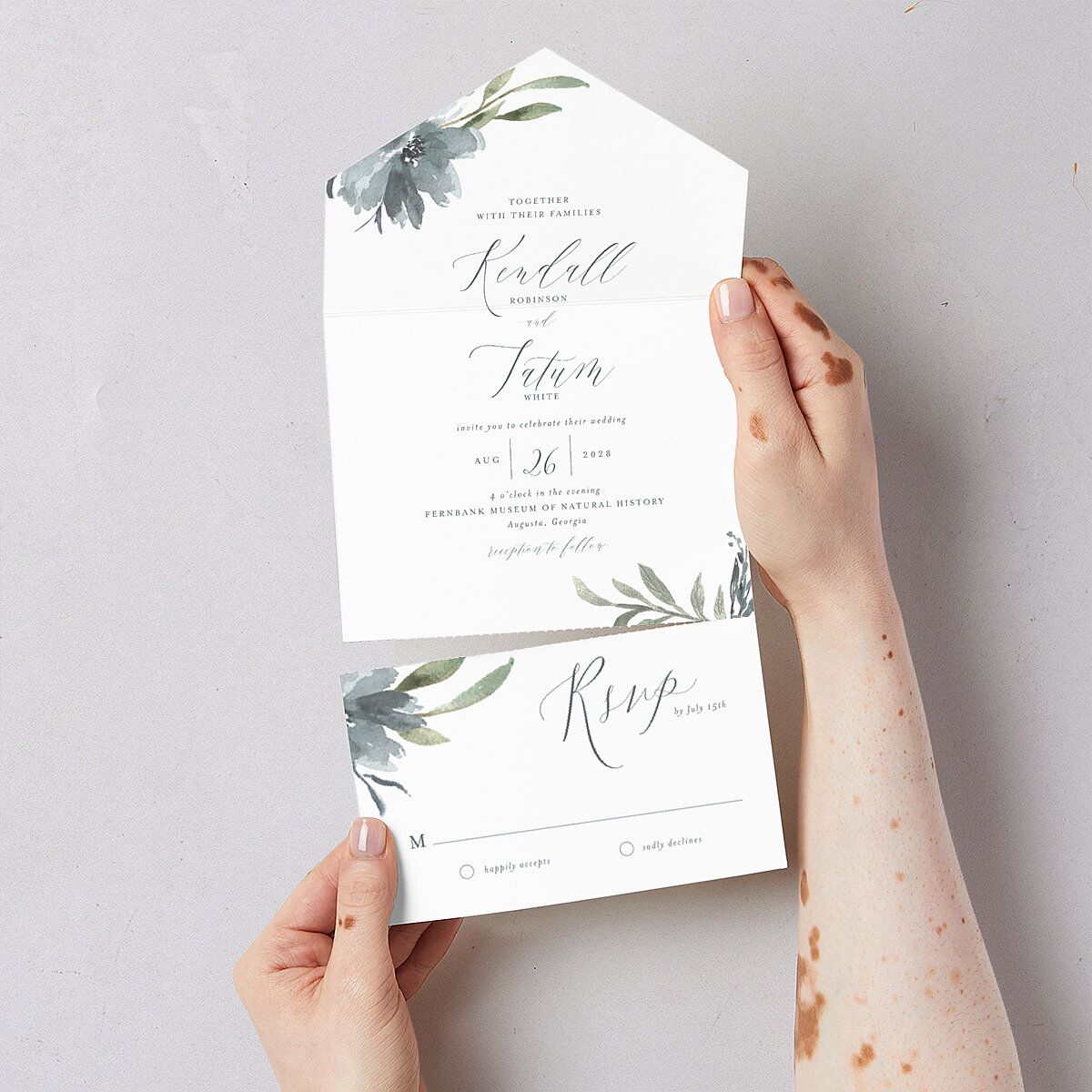 Muted Floral All-in-One Wedding Invitations Dusty Blue Signature Light Both Recipient and Return Addresses No