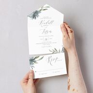 Muted Floral All-in-One Wedding Invitations Dusty Blue Signature Light Both Recipient and Return Addresses No