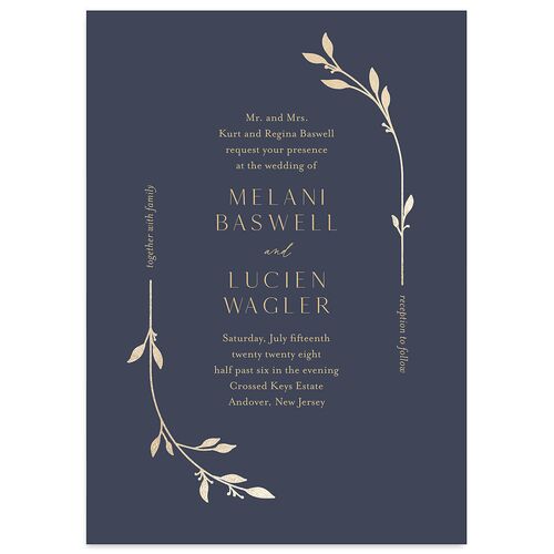 Gilded Sprigs Foil Wedding Invitations Gold Moody Blue Signature Blank No Standard