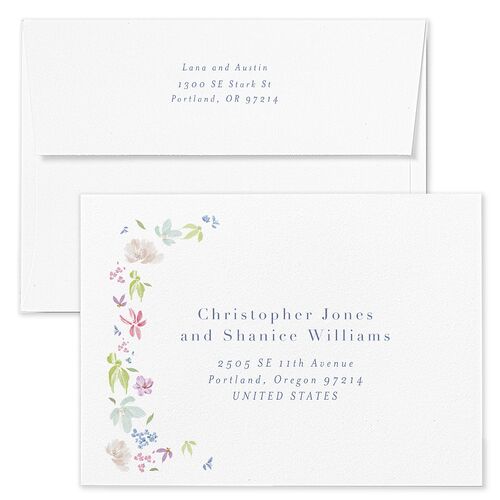 Floral Appliqué Wedding Invitation Envelopes White Sheer Lilac Both Recipient and Return Addresses Standard Signature