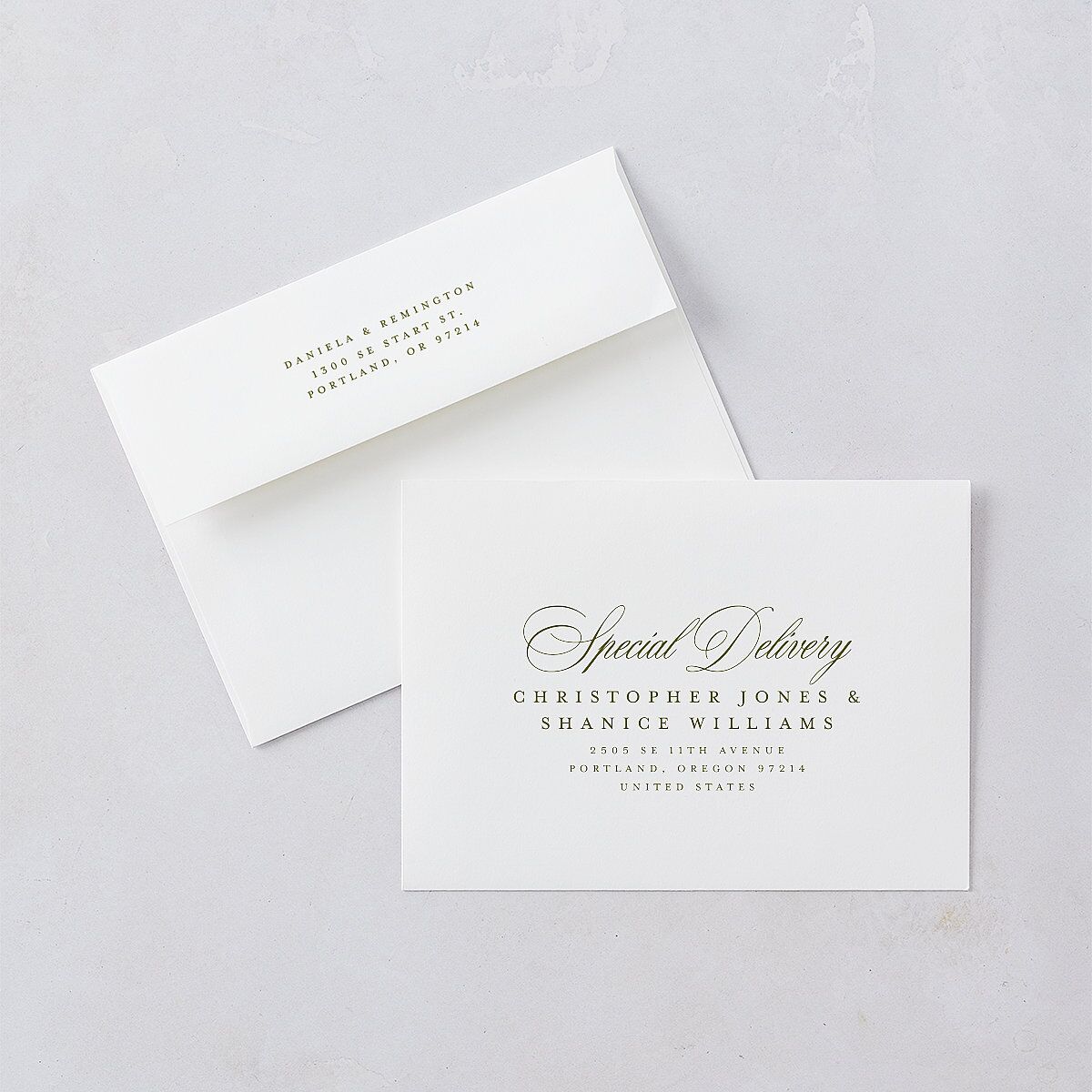 Modern Classic Picture Landscape Save The Date Card Envelopes White Olive Both Recipient and Return Addresses Signature Standard