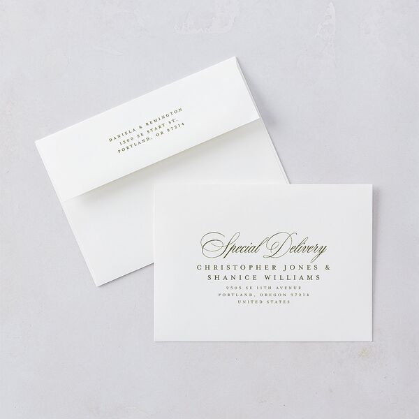 Modern Classic Picture Landscape Save The Date Card Envelopes White Olive Both Recipient and Return Addresses Signature Standard