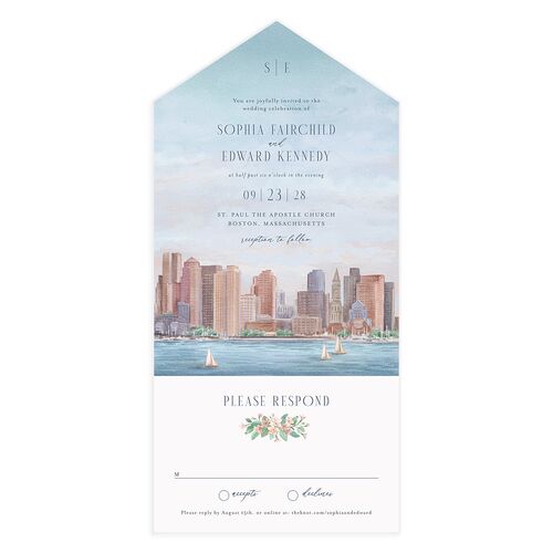 Boston Skyline All-in-One Wedding Invitations Midnight Navy Signature Light Both Recipient and Return Addresses No