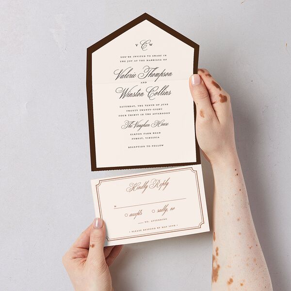 Elegant Eclectic All-in-One Wedding Invitations Walnut Signature Light Both Recipient and Return Addresses No