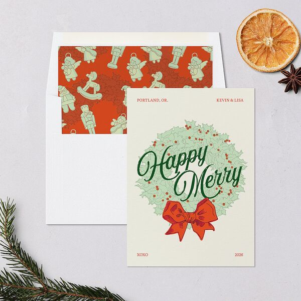 Vintage Holiday Wreath Holiday Cards Hunter Green Signature Blank Standard
