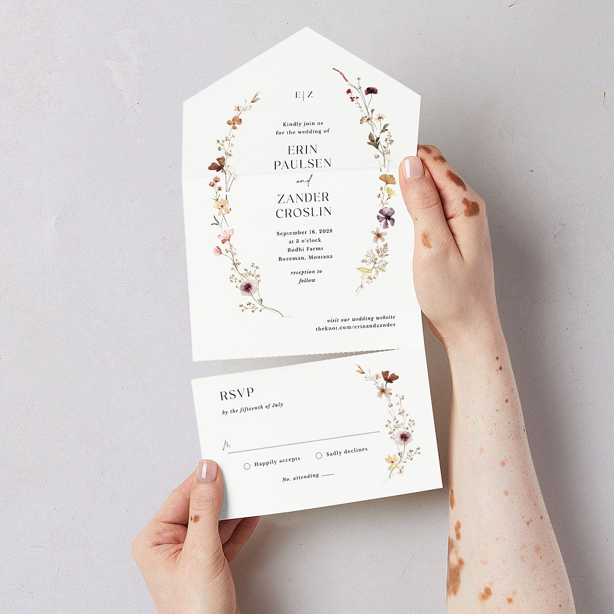 Simple Bohemian Wildflowers All-in-One Wedding Invitations Cotton No Signature Light Both Recipient and Return Addresses