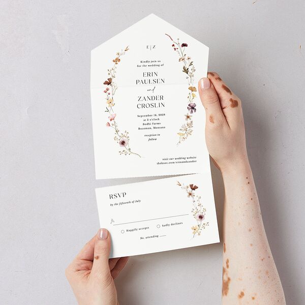 Simple Bohemian Wildflowers All-in-One Wedding Invitations Cotton No Signature Light Both Recipient and Return Addresses