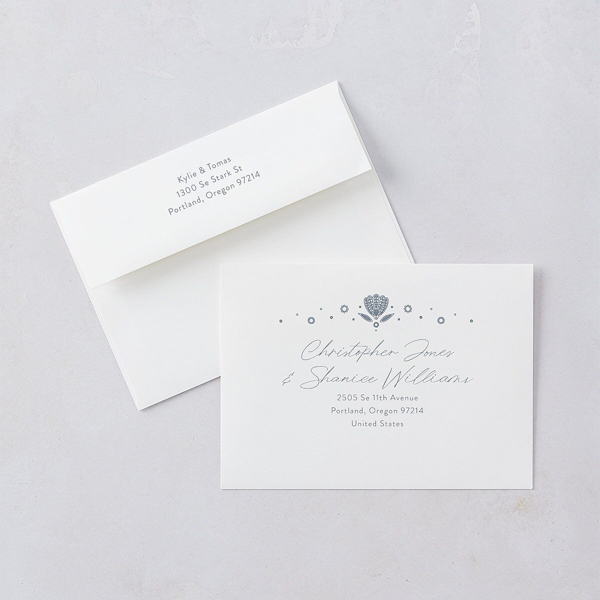 Santa Fe Save The Date Card Envelopes White Dusty Blue Both Recipient and Return Addresses Signature Standard