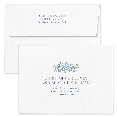 Scenic Denver Colorado Rehearsal Dinner Invitation Envelopes Pastel Blue White Both Recipient and Return Addresses Signature Standard