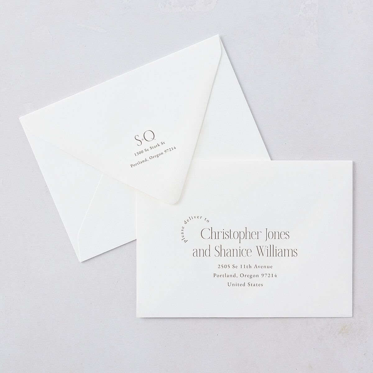 Accent Arches Rehearsal Dinner Invitation Euro Envelopes White Licorice Both Recipient and Return Addresses Luxe Signature