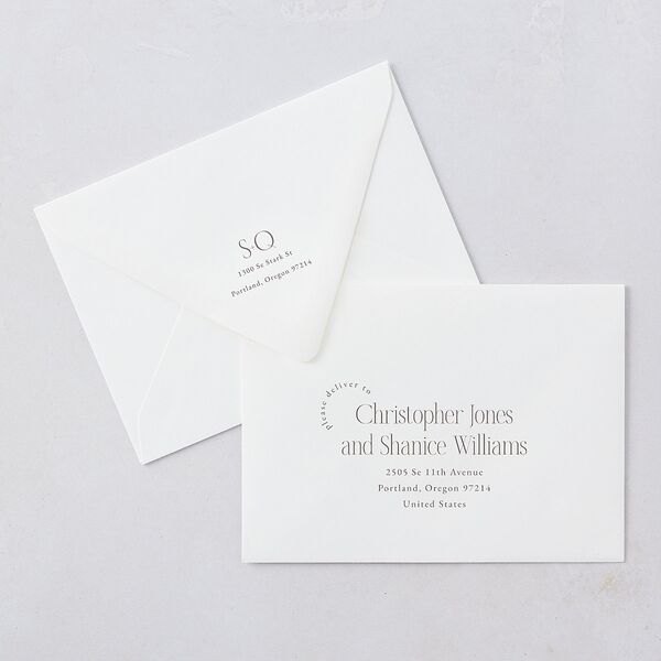 Accent Arches Rehearsal Dinner Invitation Euro Envelopes White Licorice Both Recipient and Return Addresses Luxe Signature