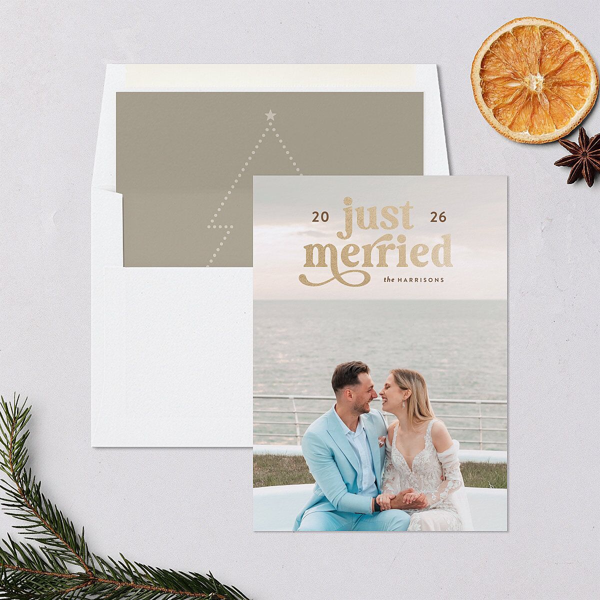 Just Merried Holiday Cards Gold Fawn Signature Blank Portrait Standard