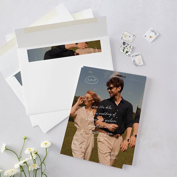 Sunny Day Modern Script Save the Date Cards Pure White Signature smooth Blank No Standard
