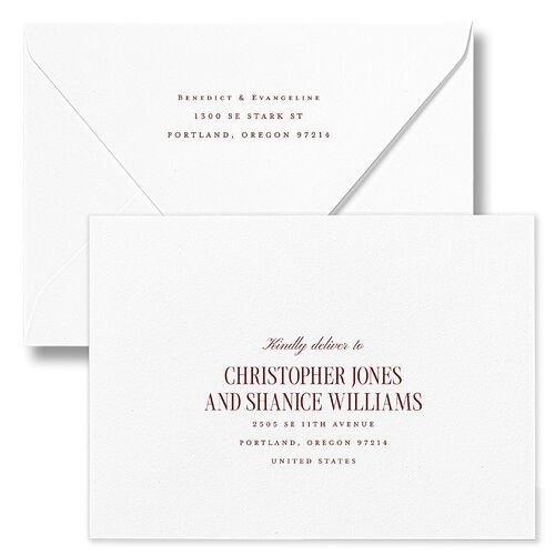 Elegant Diamond Pattern Save The Date Card Euro Envelopes White Burgundy Both Recipient and Return Addresses Luxe Signature
