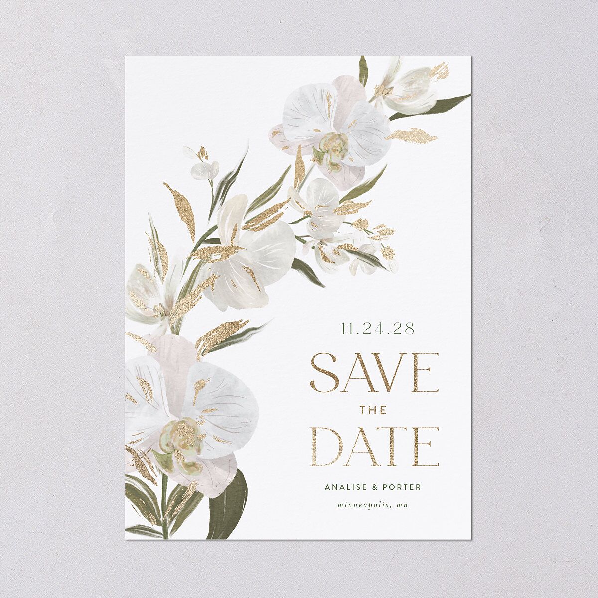 Elegant Orchid Foil Save the Date Cards Gold Pure White Signature smooth Blank No Standard