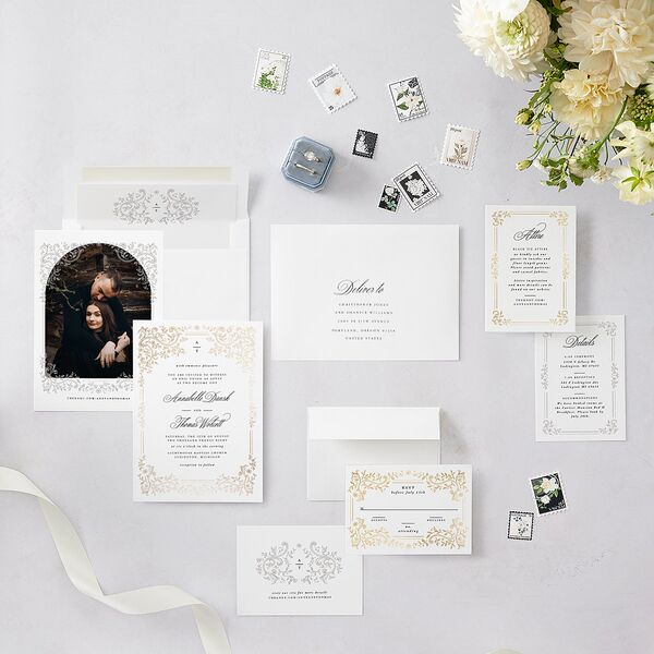 Luxury Victorian Gothic Lace Wedding Invitations Gold Pure White Signature Blank No Rounded
