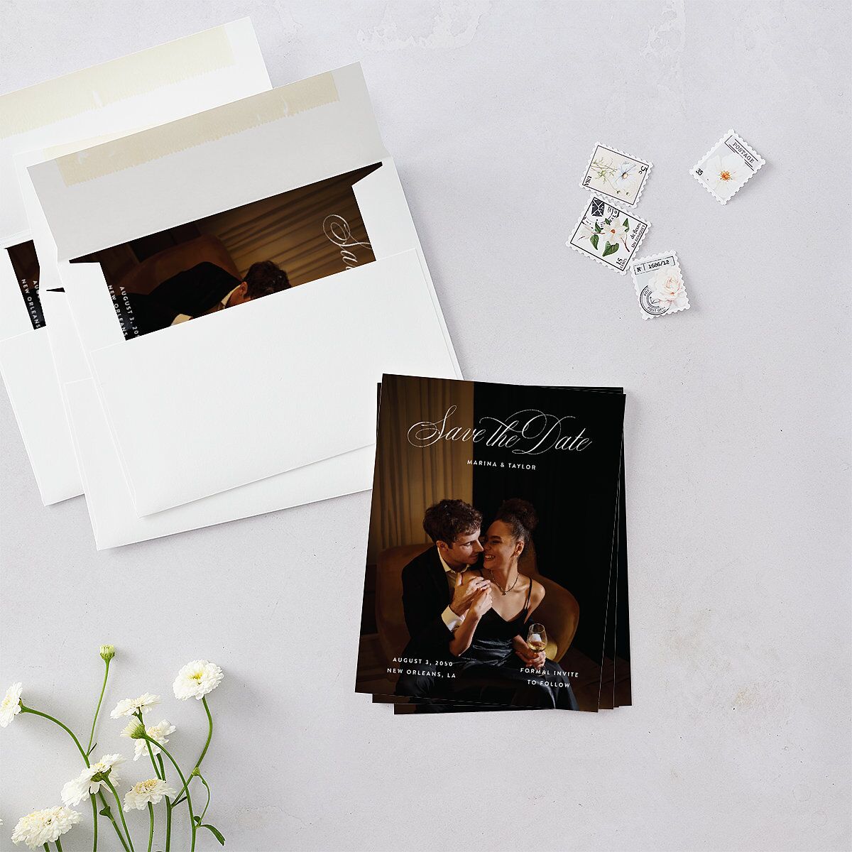 Vintage Classic Photo Save the Date Petite Cards Midnight Signature smooth Blank No Standard