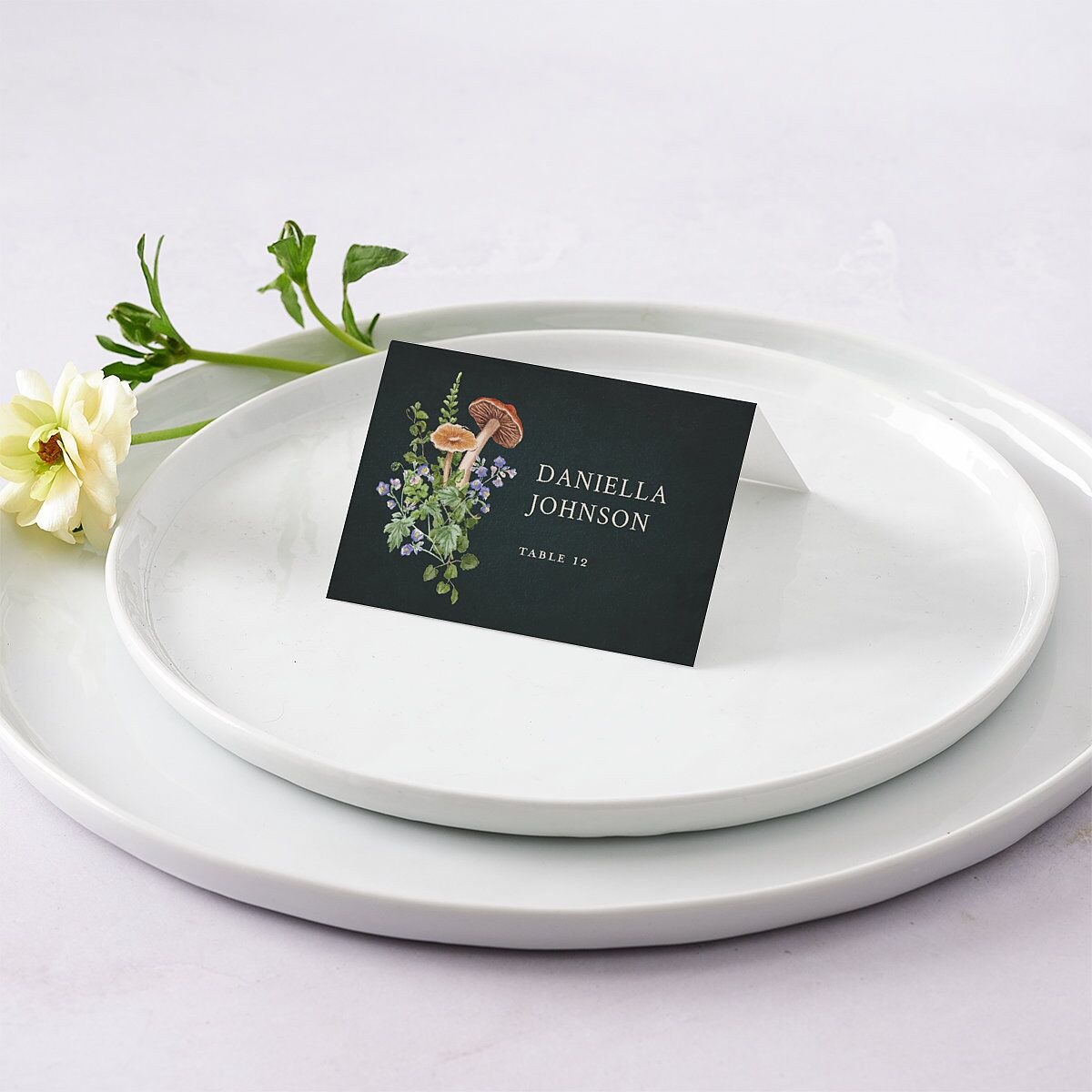 Mushroom Garden Fairytale Place Cards Dark Green Signature