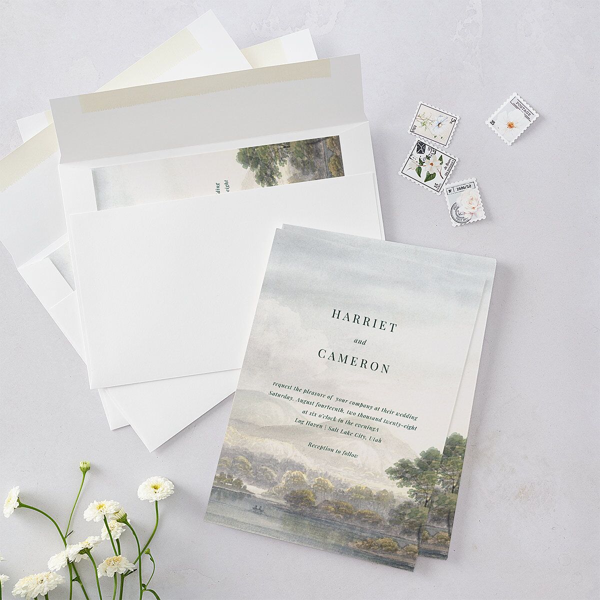 Vintage Landscape Wedding Invitations Dark Green Signature Blank No Standard