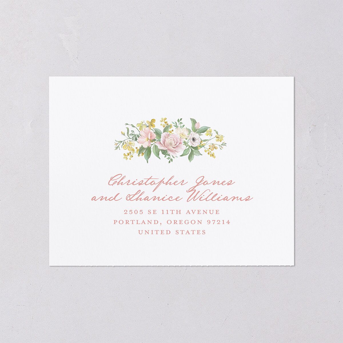 Maximalist Floral Crest All-in-One Wedding Invitations Pink Cotton Signature Light Both Recipient and Return Addresses No