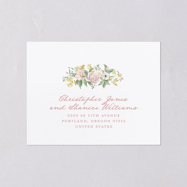 Maximalist Floral Crest All-in-One Wedding Invitations Pink Cotton Signature Light Both Recipient and Return Addresses No