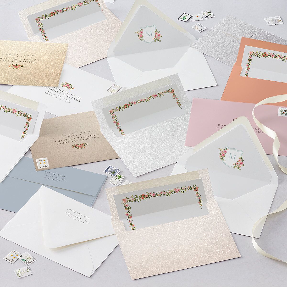 Watercolor Floral Crest Envelope Liners Shell Pink Standard