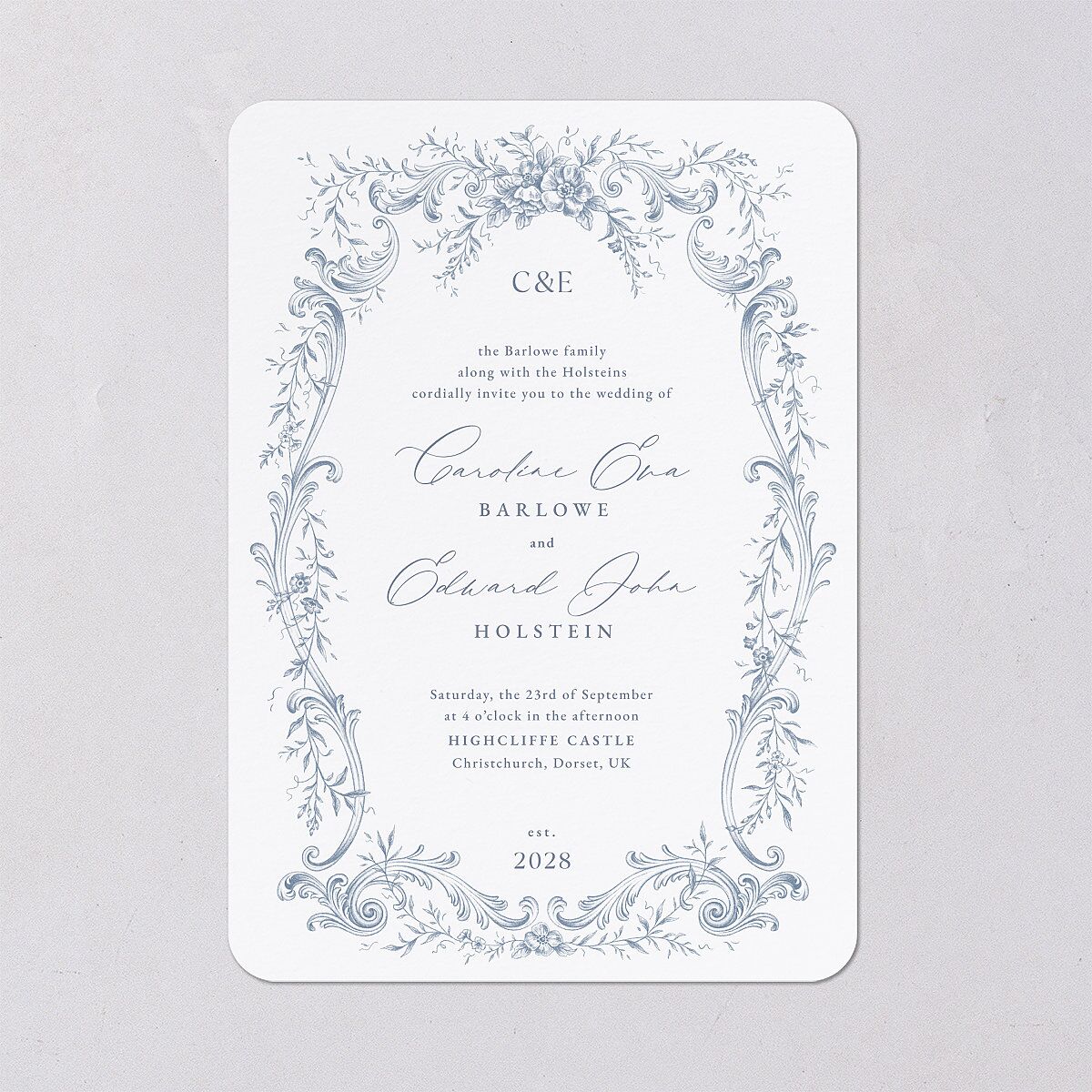 Antique Victorian Botanical Wedding Invitations Dusty Blue Signature Blank No Rounded