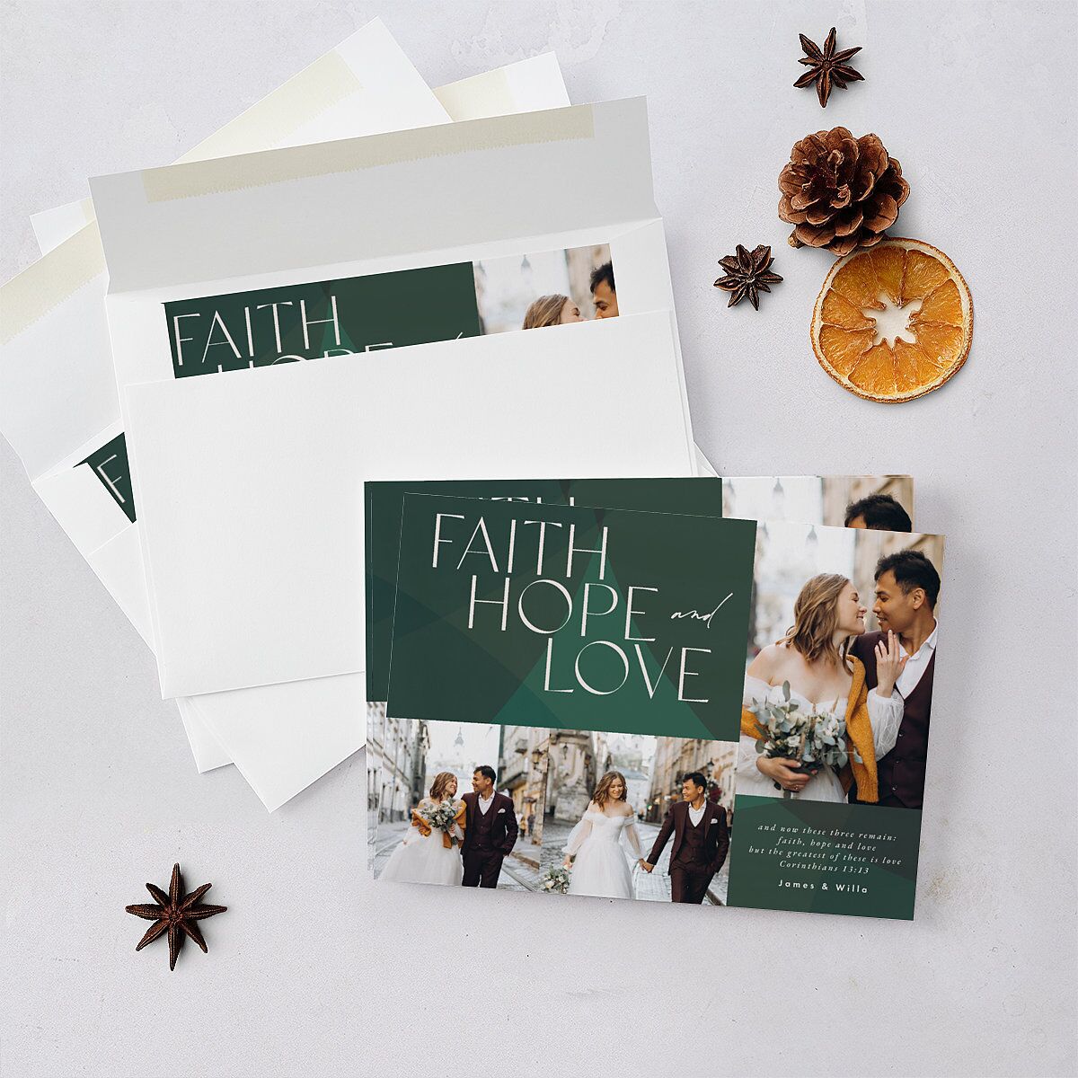 Faith Hope Love Holiday Cards Hunter Green Signature Blank Standard Landscape
