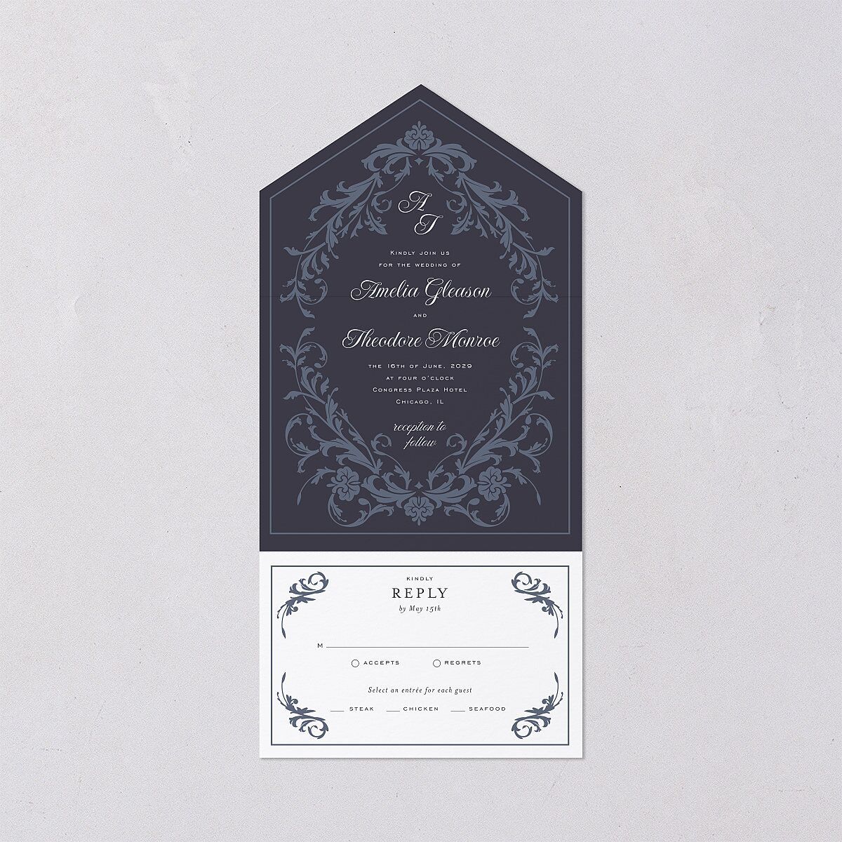 Romantic Vintage Luxury All-in-One Wedding Invitations Moody Blue Signature Light Both Recipient and Return Addresses No