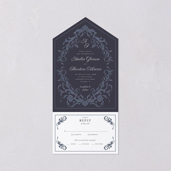 Romantic Vintage Luxury All-in-One Wedding Invitations Moody Blue Signature Light Both Recipient and Return Addresses No