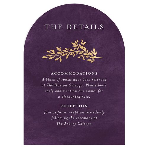 Emerald Forest Foil Wedding Event Detail Cards Gold Bordeaux Signature Arch