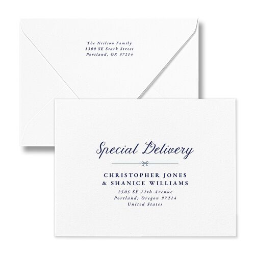 Vintage Bow Pattern Photo Thank You Card Euro Envelopes White Navy Both Recipient and Return Addresses Luxe Signature