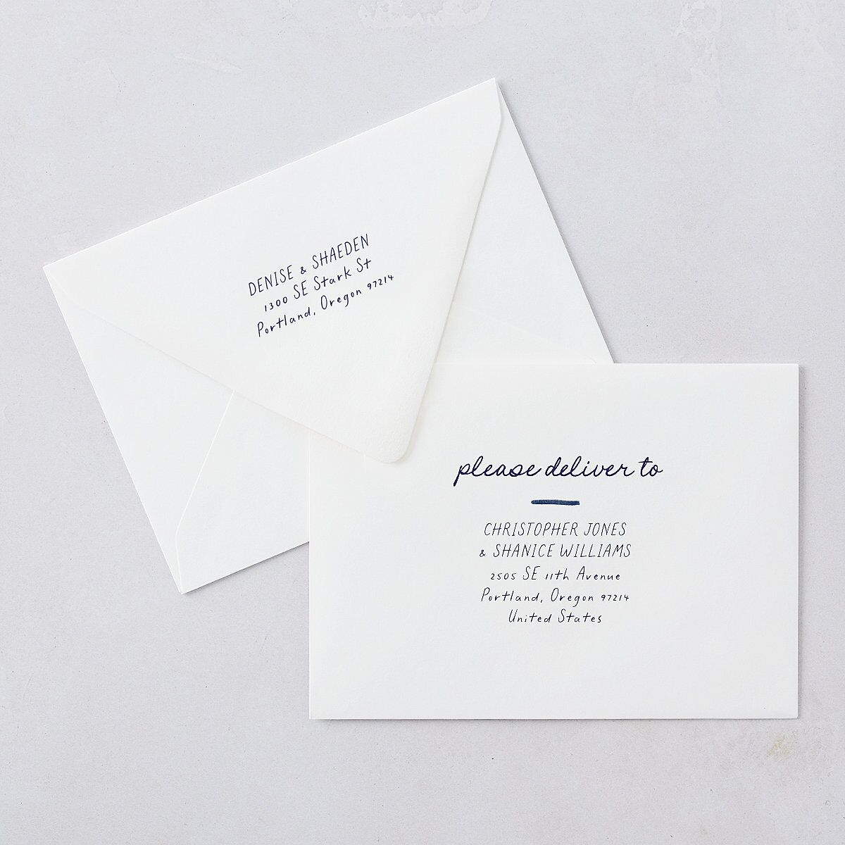 Dainty Bow Save The Date Card Euro Envelopes Navy White Both Recipient and Return Addresses Luxe Signature