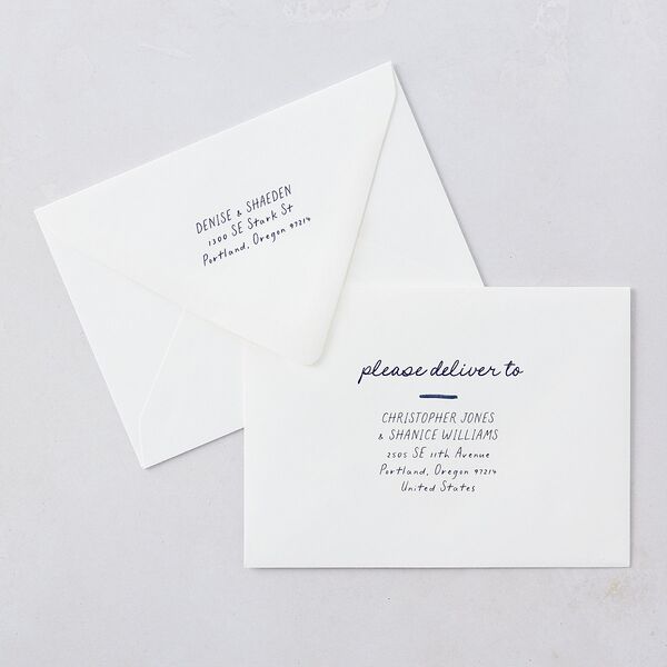 Dainty Bow Save The Date Card Euro Envelopes Navy White Both Recipient and Return Addresses Luxe Signature