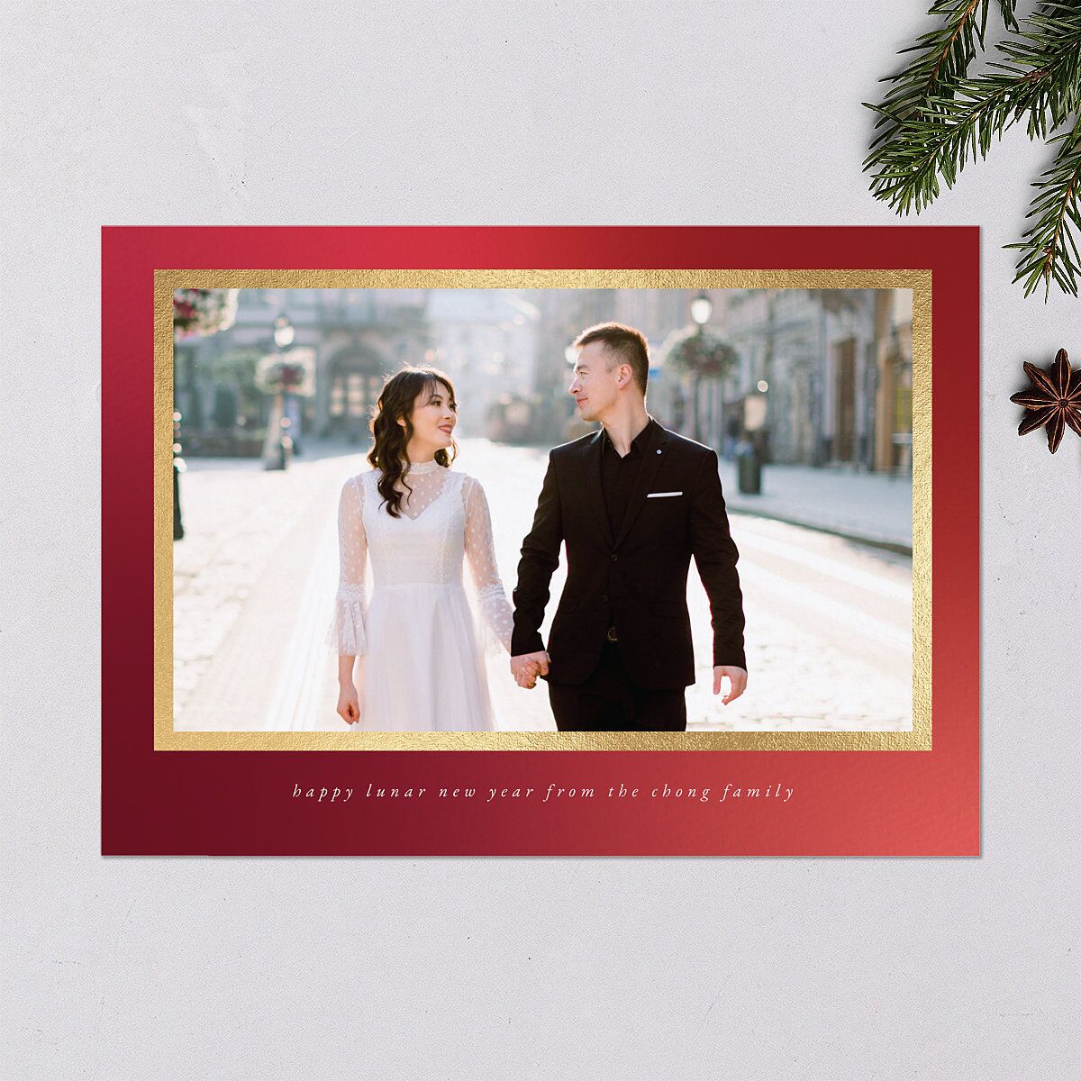 Lunar New Year Hues Holiday Cards Gold Garnet Signature Blank Standard Landscape